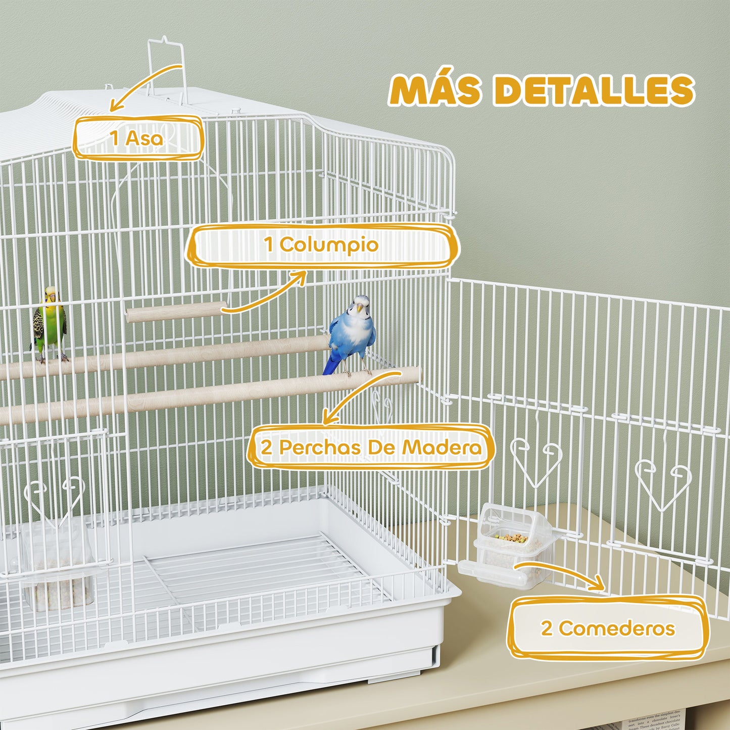 Pawhut Jaula Para Pájaros Con Puertas Comederos Y Bandeja 46,5x36x59 Cm Blanco_5