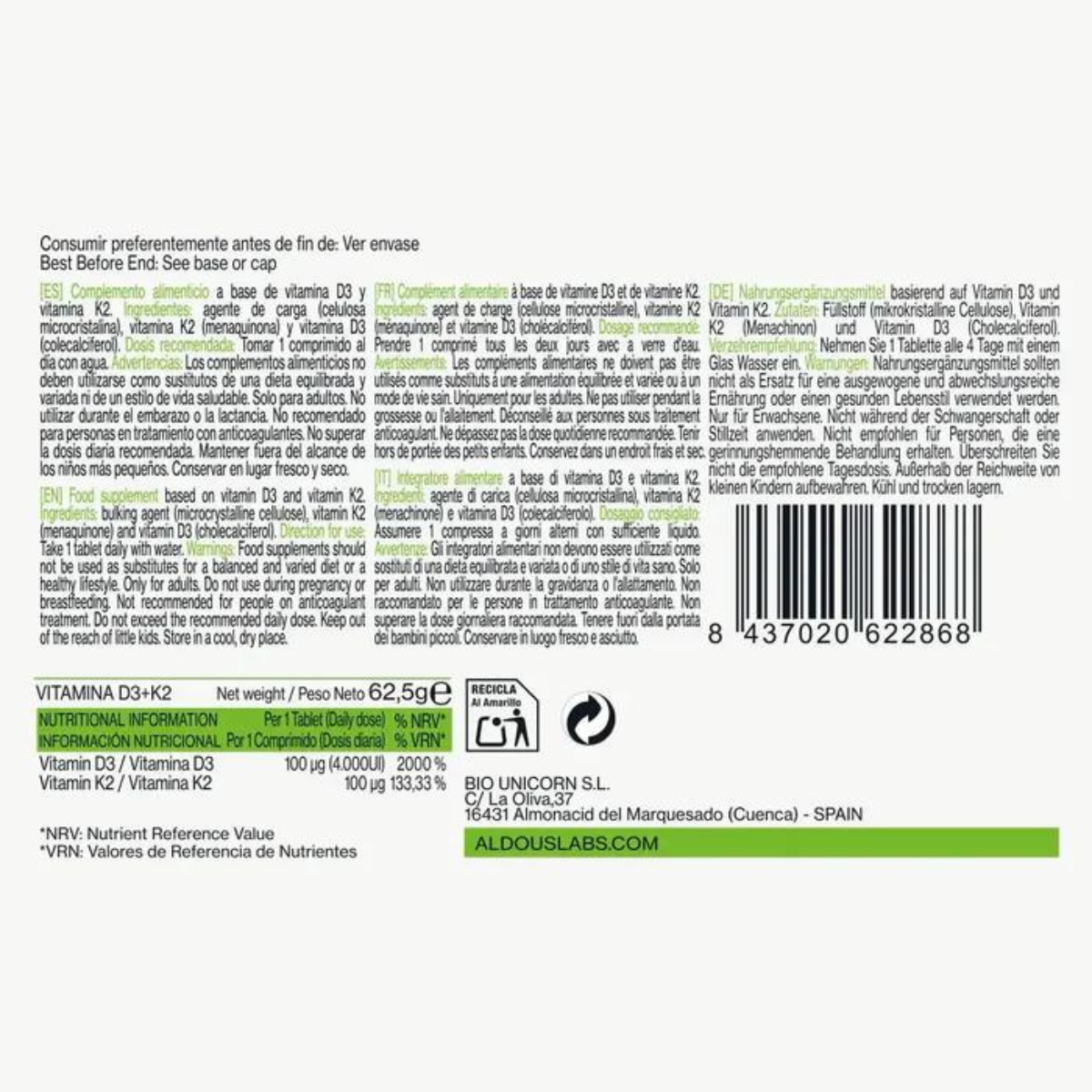 Vitamina D3 + K2 Aldous 250 comprimidos