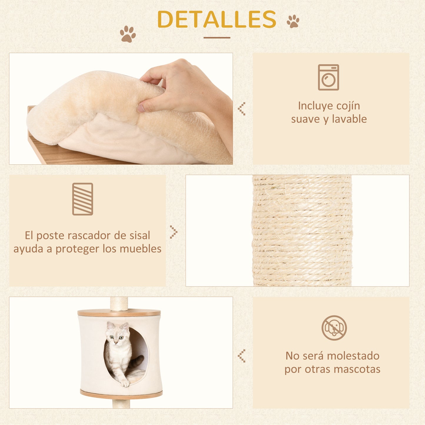 Pawhut Árbol Para Gatos De Pared Con Plataformas Cojín Extraíble Poste Rascador_5