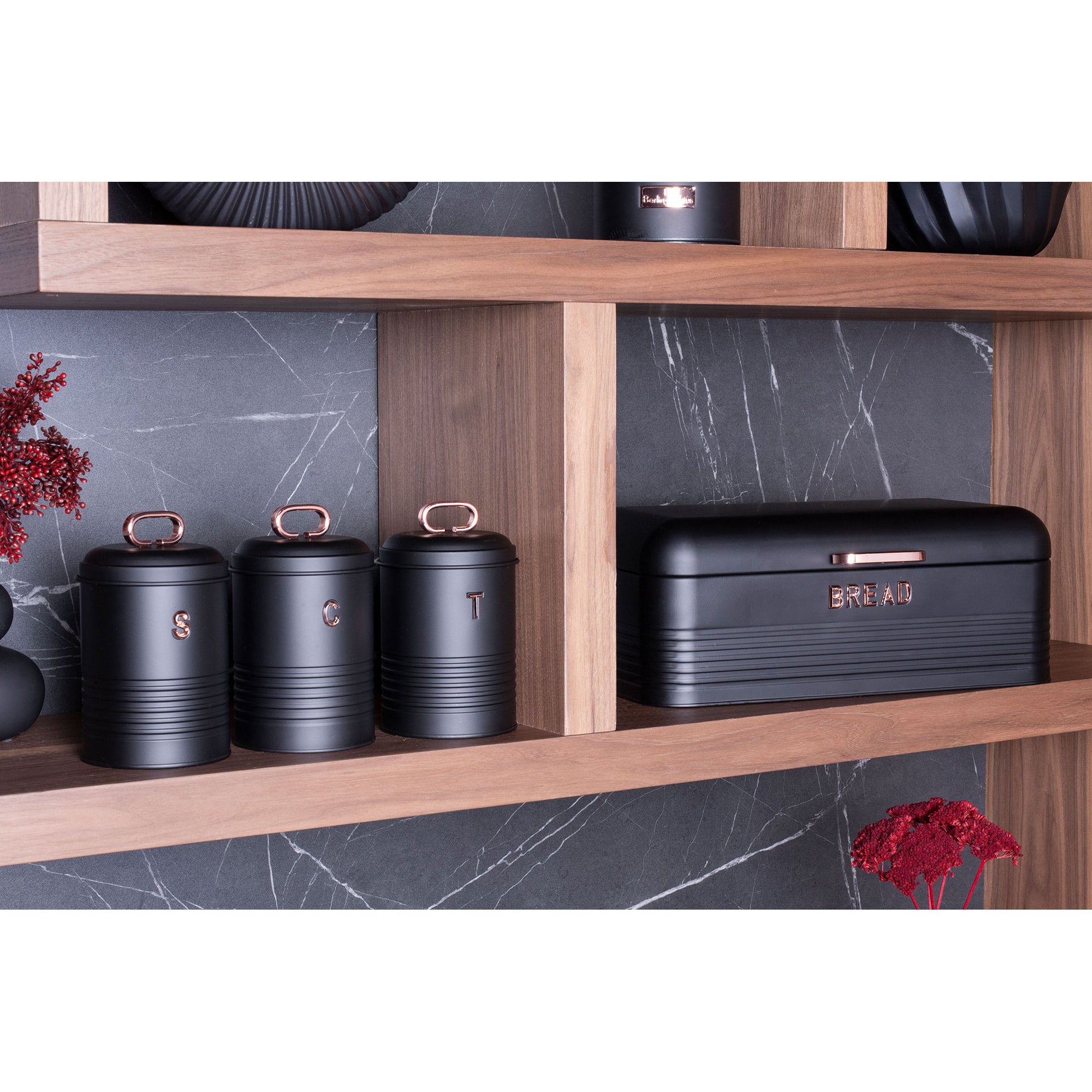 Panera De Mesa +juego 3 Botes Cocina Almacenaje Acero Inoxidable Contenedor De Pan Con Tapa Berlinger Haus Black Rose, Oro Rosado/negro