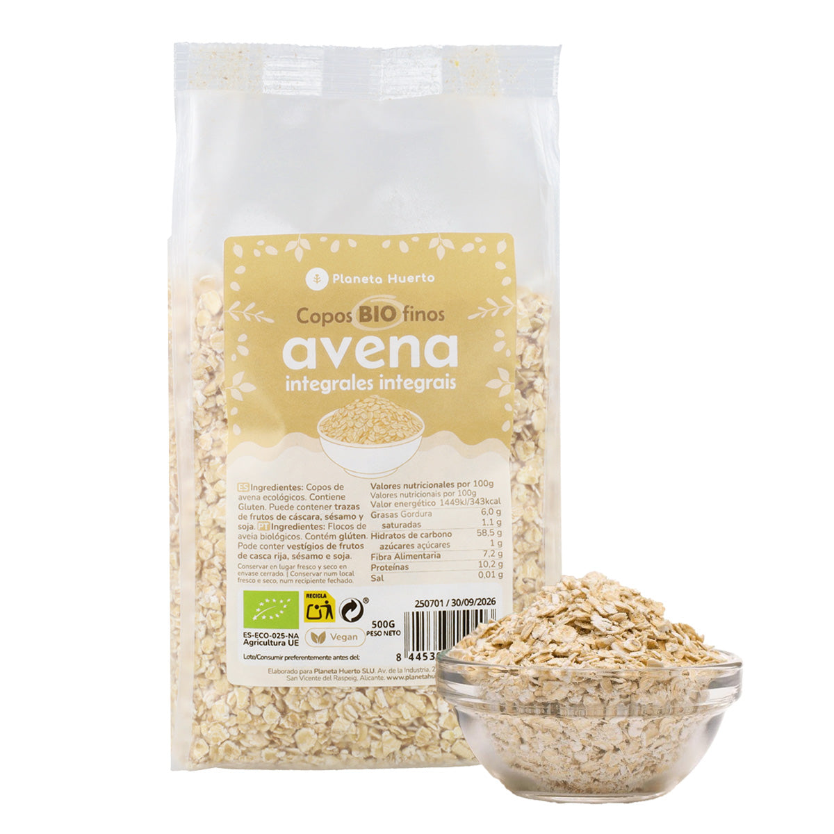 Copos de Avena integral finos ECO Planeta Huerto 500 g