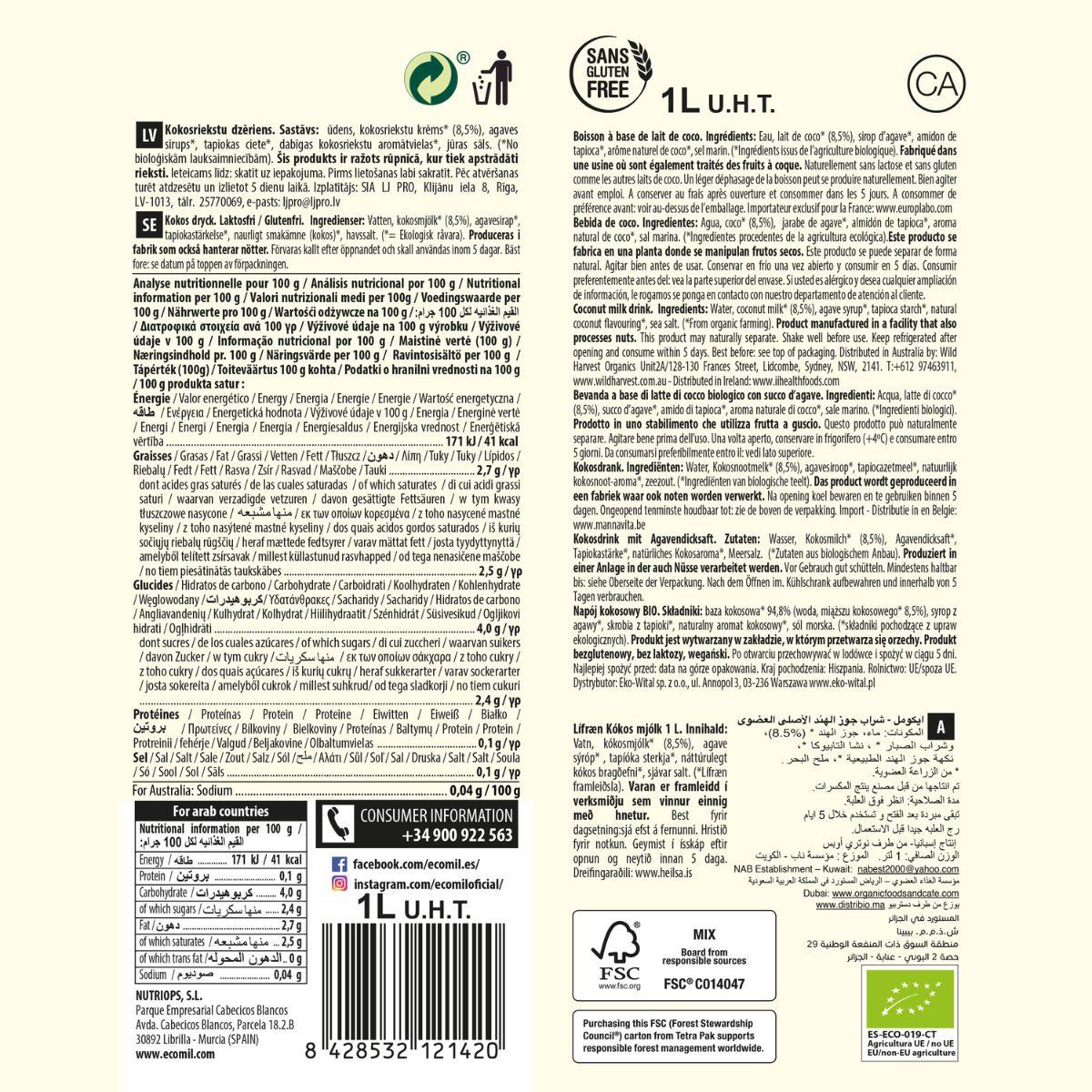 Bebida Vegetal Coco con Ágave EcoMil 1L