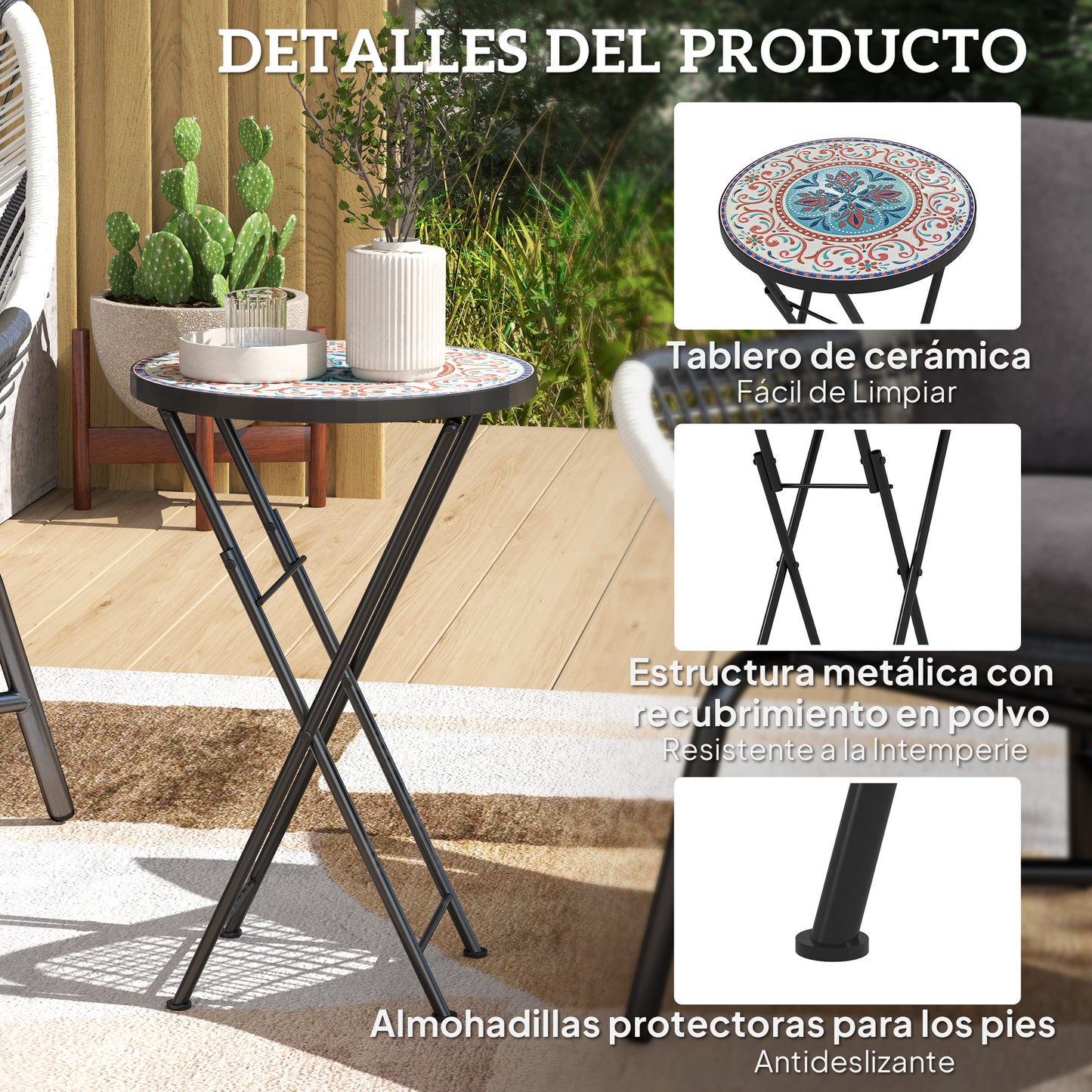 Outsunny Mesa Auxiliar Redonda Plegable Con Encimera De Mosaico Multicolor_5