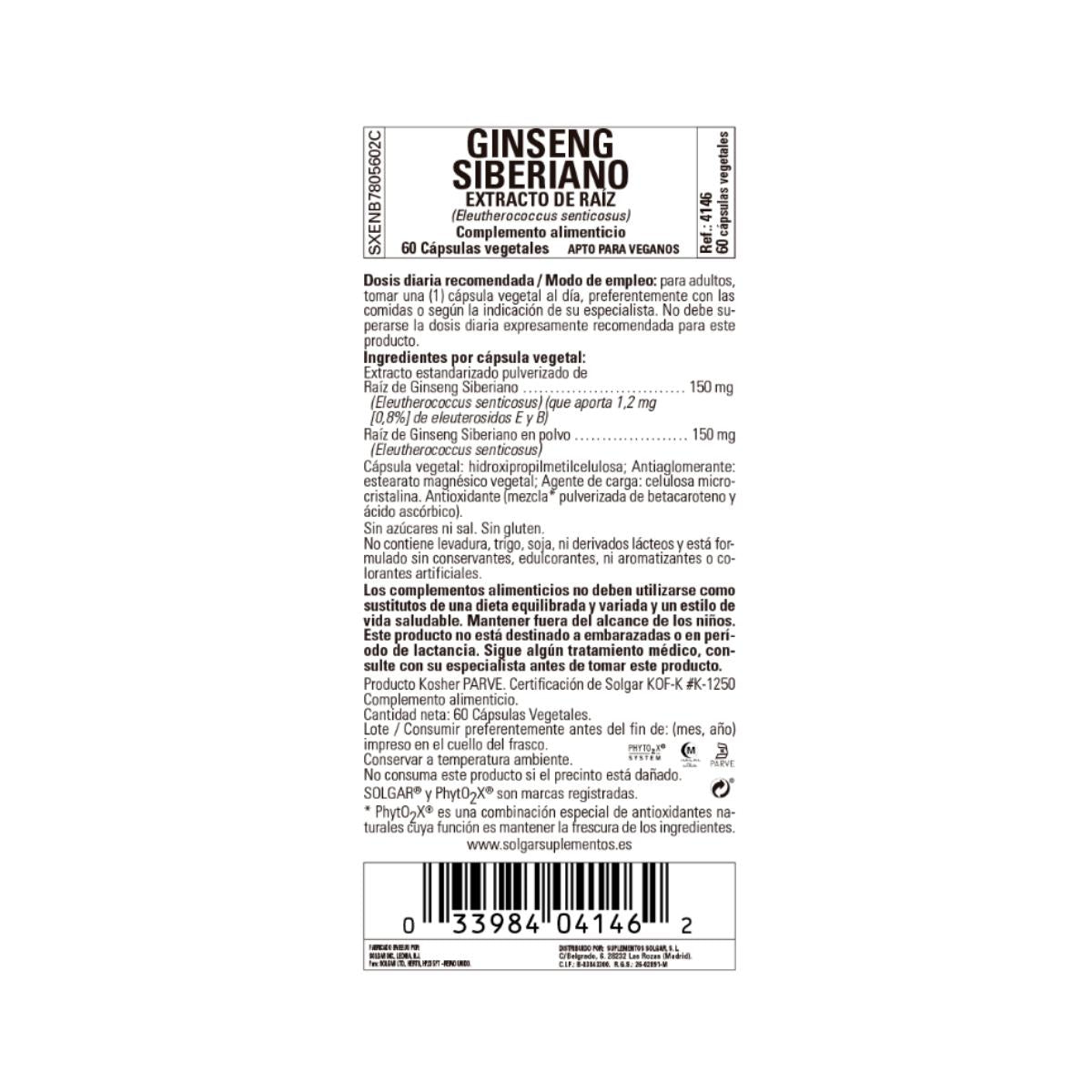 Ginseng Siberiano Extracto de Raíz, 60 cápsulas vegetales (520mg)