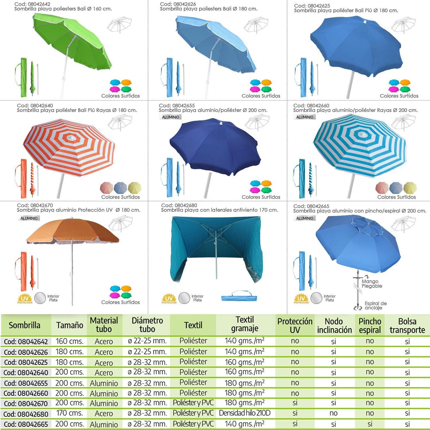 Sombrilla Playa Poliester Ø 160 Cm. Inclinable Colores Surtidos_3