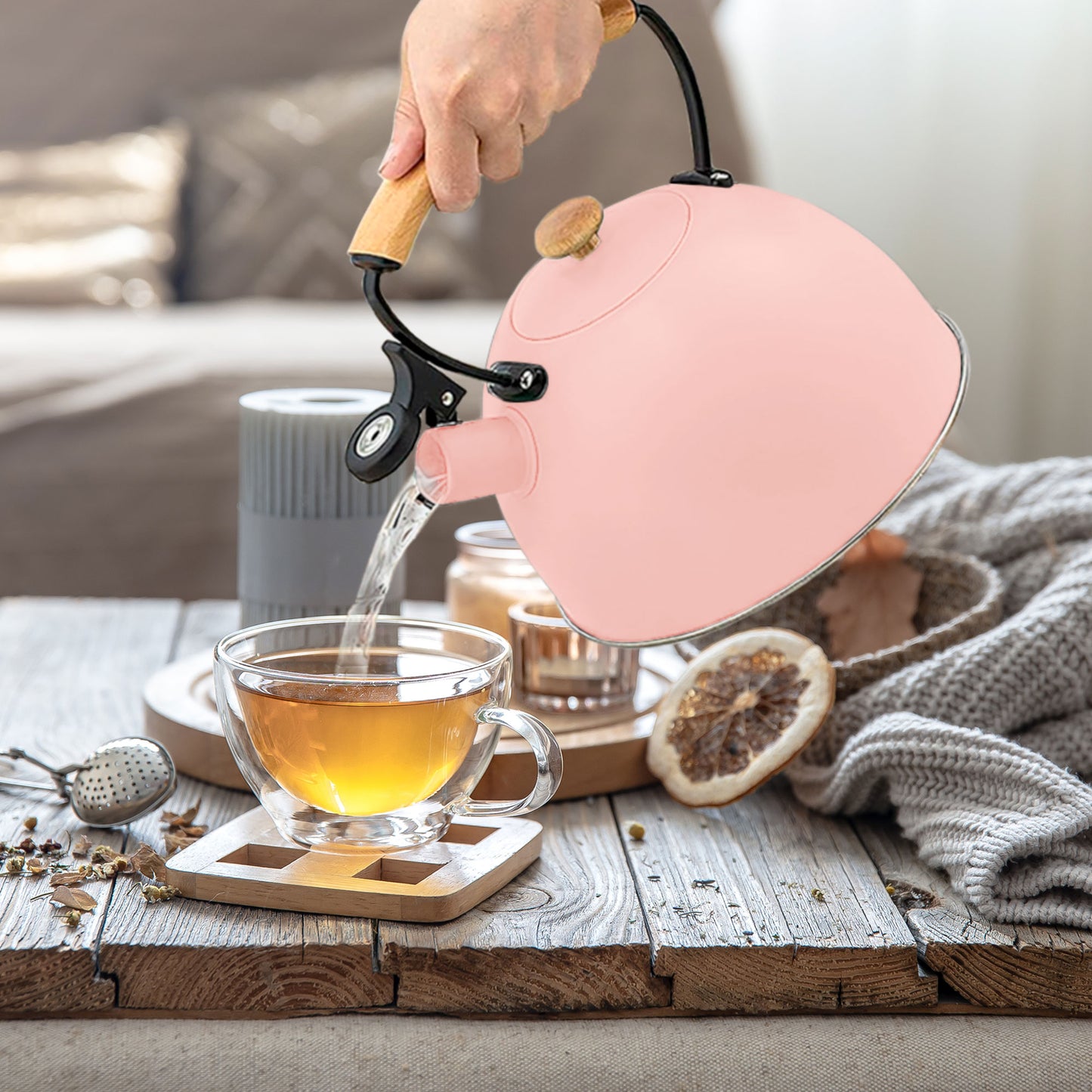 Tetera Con Silbato, Hervidor De Agua 2,5l, Inducción, Acero Inox, Vintage, Mango Madera, Briebe, Pastel, Rosa