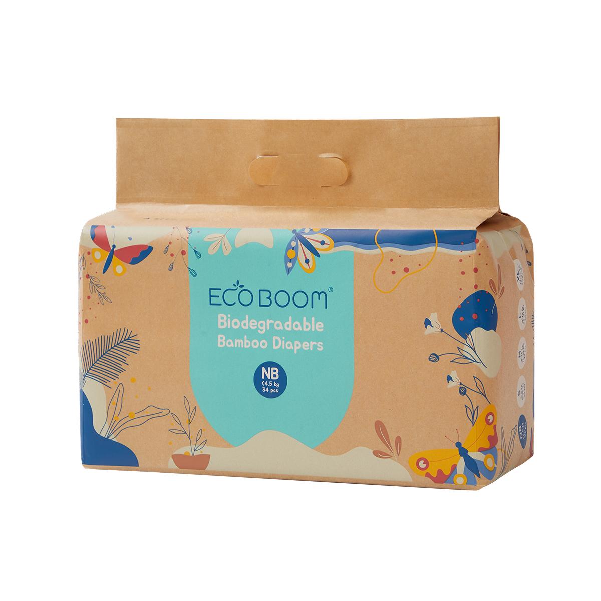 ECOBOOM - Pañal Ecológico de BAMBÚ Eco Boom. 70% Biodegradable, Hipoalergénico (TALLA 1/NB, < 3KG, PACK 4 BOLSAS, TOTAL 136 PAÑALES)