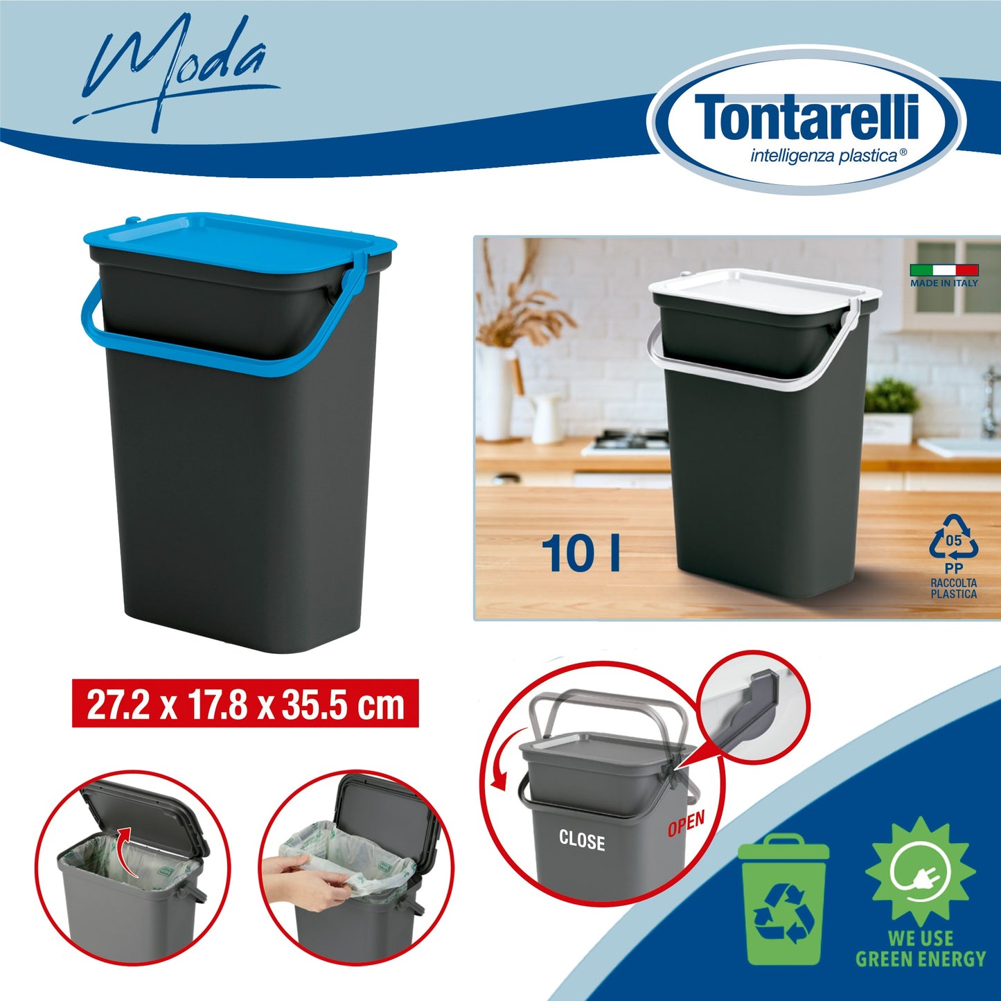 Papelera moda 10l Con Asa (cubo Negro-tapa Sapphir)