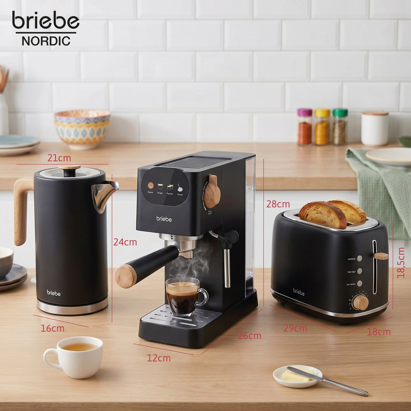 Briebe Nordic Set Cafetera Espresso 20 Bares, Tostadora Pan 2 Rebanadas, Hervidor Eléctrico Agua 1,7l, Skt1209blk, Negro_5