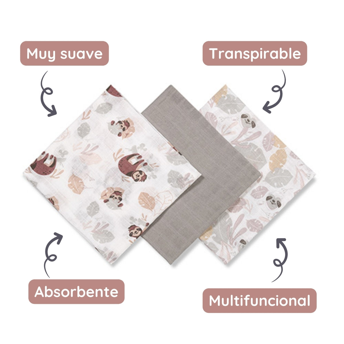 Pack 3 Muselinas Algodón 70x70 Cm Perezoso