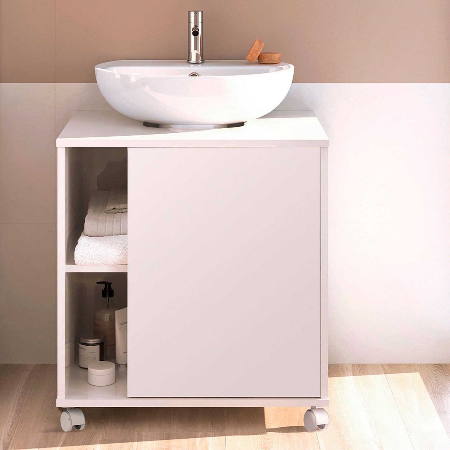 Mueble Baño Bajo Lavabo Pie Armario Auxiliar Para Lavabos Con /sin Pedestal 64x59x45 Almacenaje, Briebe, Esencia, Blanco
