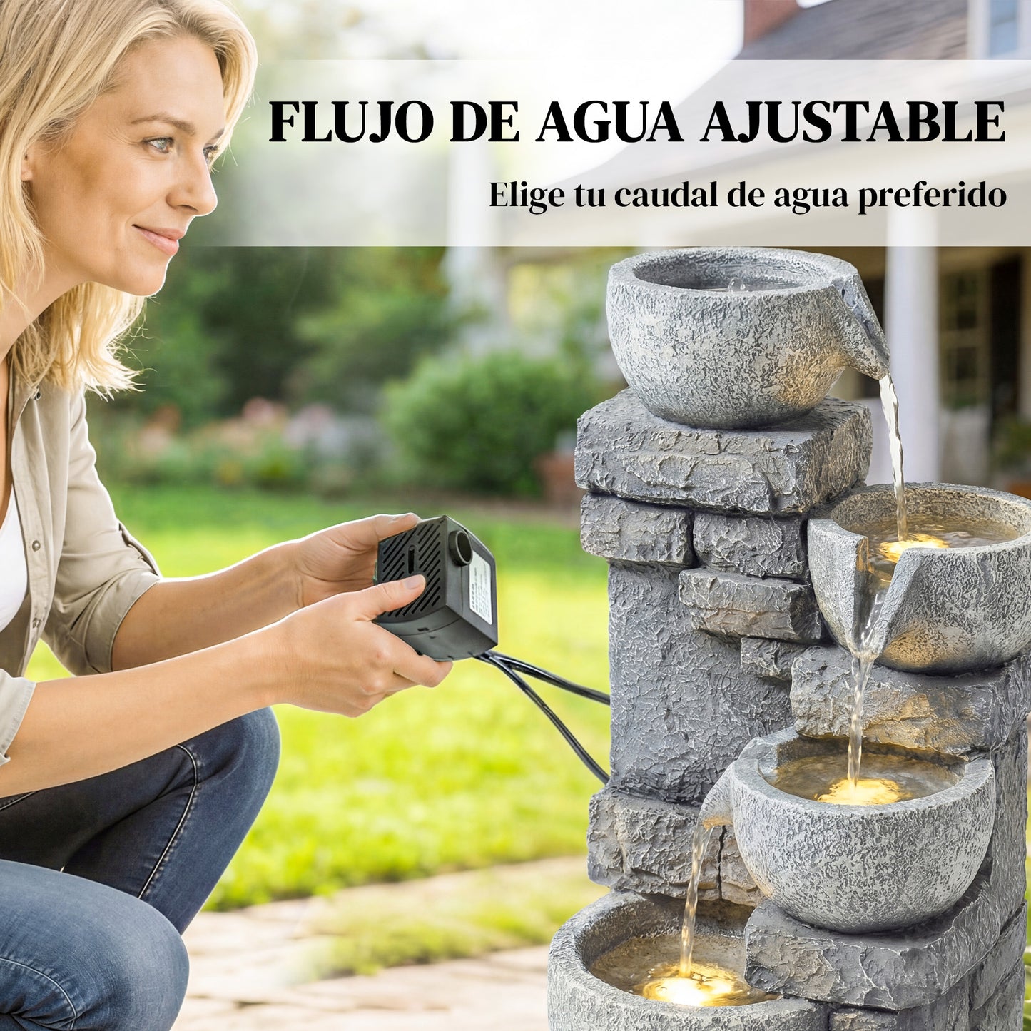 Outsunny Fuente De Agua En Cascada Con Iluminación Led Bomba Flujo Ajustable_5