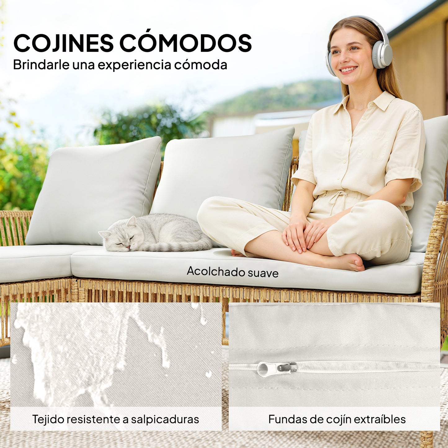 Outsunny Muebles Jardín Ratán 3 Piezas Cojines, Blanco Crema_5