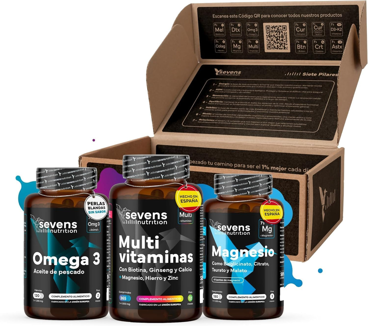 Pack Energía: Multivitaminas, Omega 3 Y Magnesio. Sevens Nutrition. Reducción De Fatiga Y Salud Del Corazón Y Mente_0