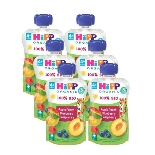 Pack 6 uds Pouches de Melocotón, Manzana y Frutos del Bosque BIO para bebés a partir de 4 Meses HiPP 100 g
