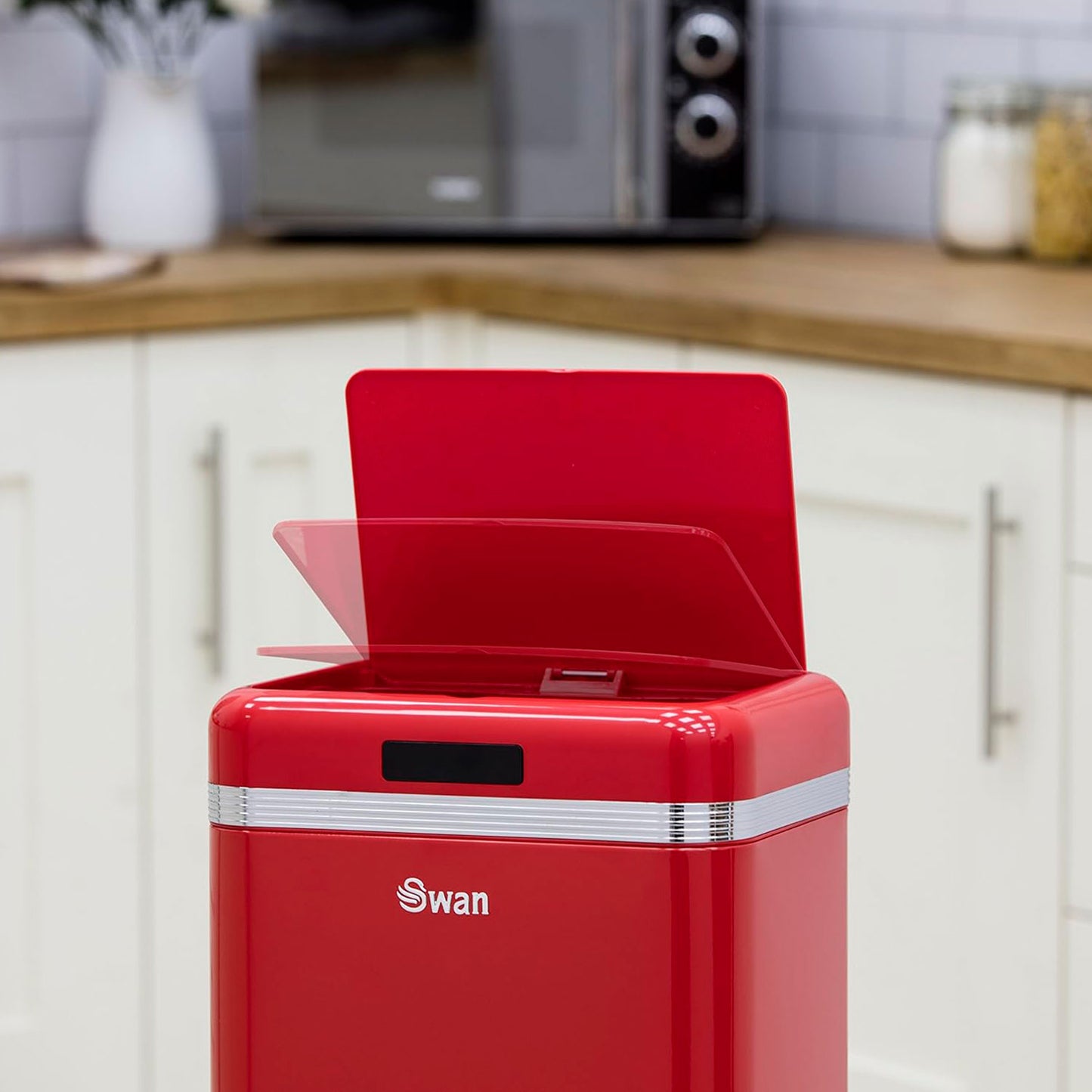 Cubo De Basura Cocina Automático, Sensor De Movimiento, 45l, Metálico, Papelera Reciclaje, Swan, Swka4500rneu, Rojo