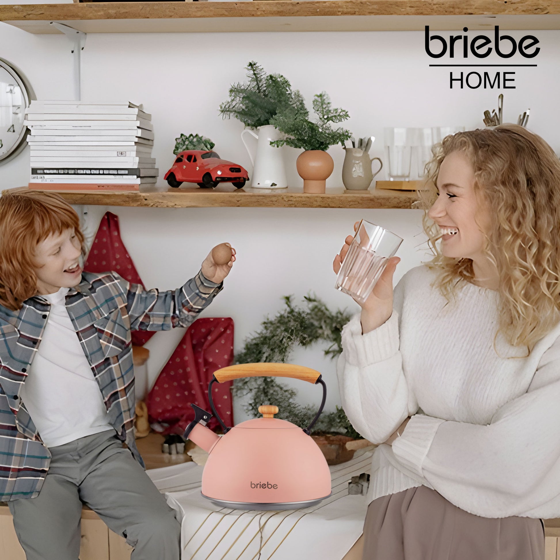 Tetera Con Silbato, Hervidor De Agua 2,5l, Inducción, Acero Inox, Vintage, Mango Madera, Briebe, Pastel, Rosa