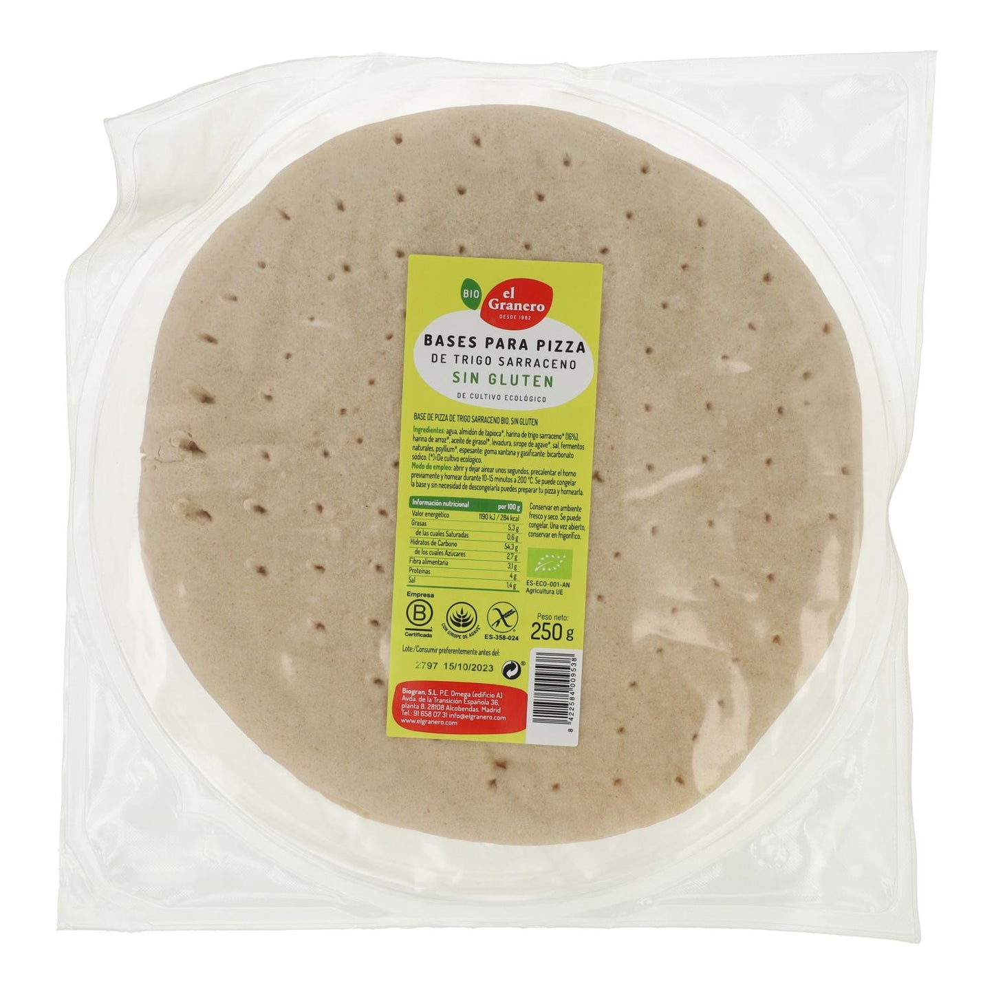 Bases de Pizza con Trigo Sarraceno sin gluten bio El Granero, 2 uds de 250 g