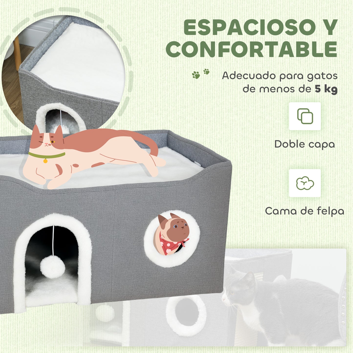 Pawhut Casa Para Gatos Plegable Con Rascador 3 Entradas 60x40x34 Cm Gris_5