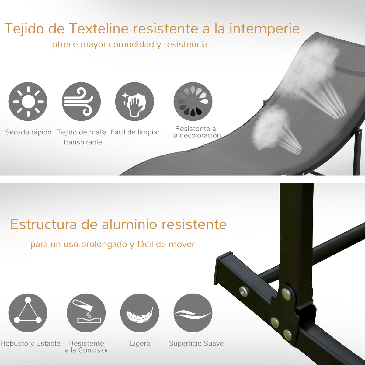 2 Tumbonas Plegables De Jardín Aluminio Outsunny 165x61x63 Cm Gris_5