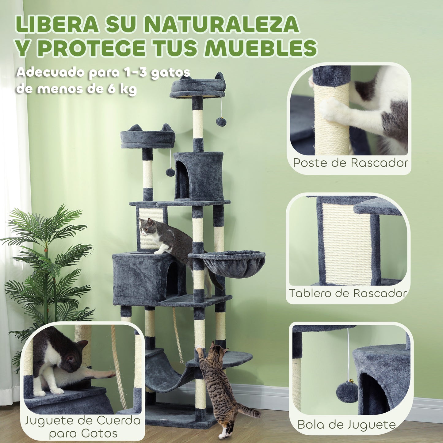 Pawhut Árbol Rascador Para Gatos Grande Altura 206 Cm Con Hamacas Gris Oscuro_5