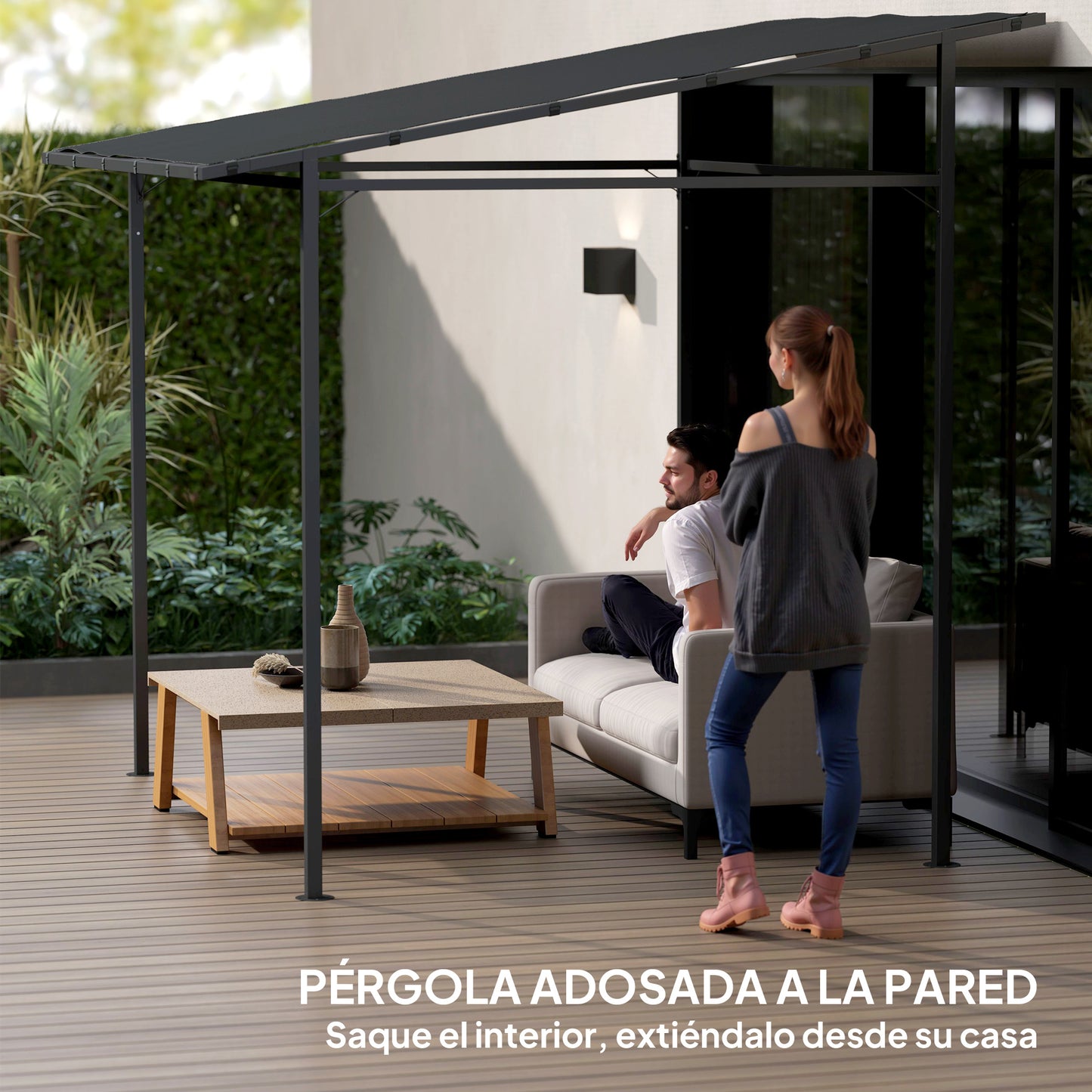 Outsunny Pérgola De Pared 2,4x2,4 M Con Techo Inclinado Protección Uv 30+ Gris_5
