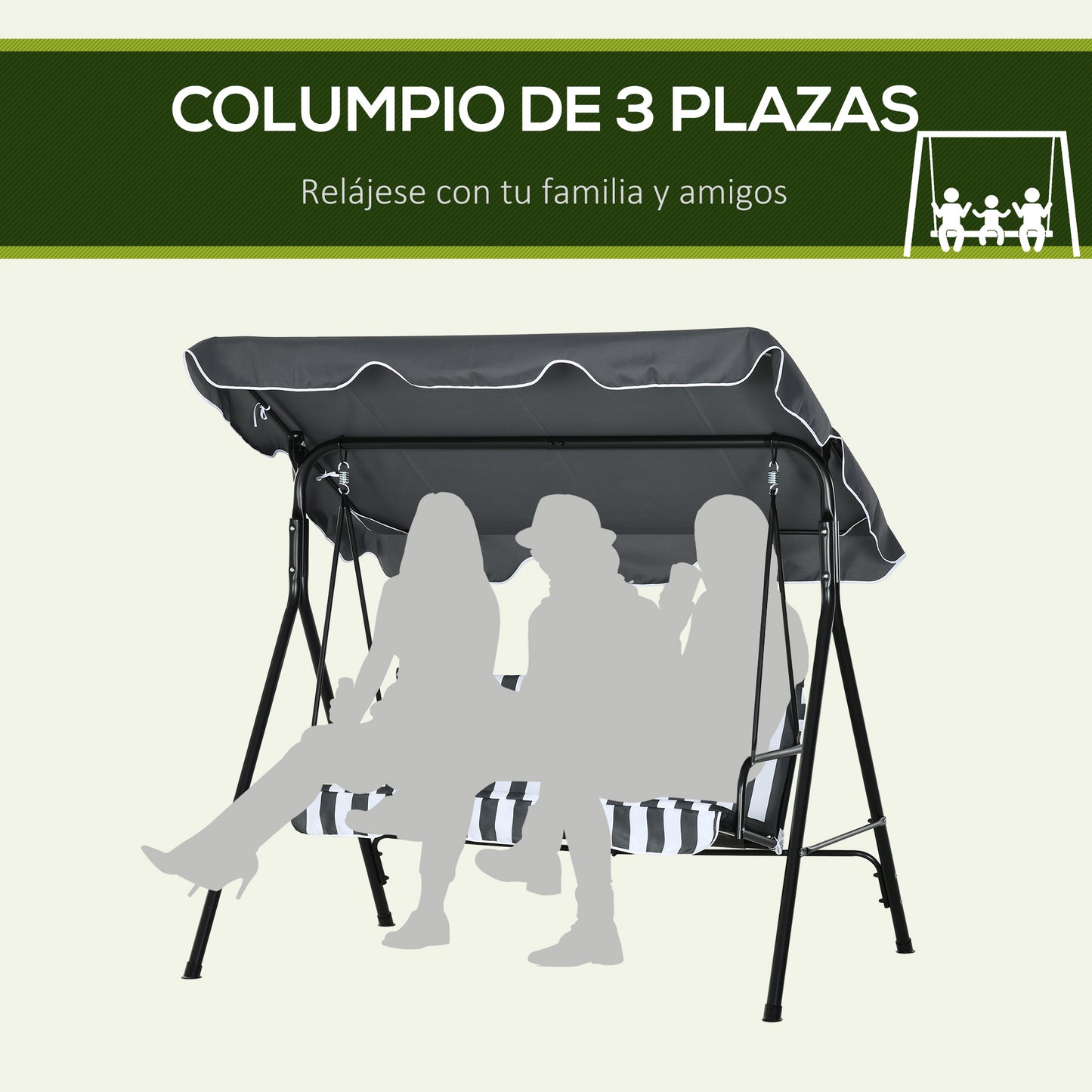 Outsunny Columpio De Jardín De 3 Plazas Con Techo Ajustable 172x110x153cm Gris_5