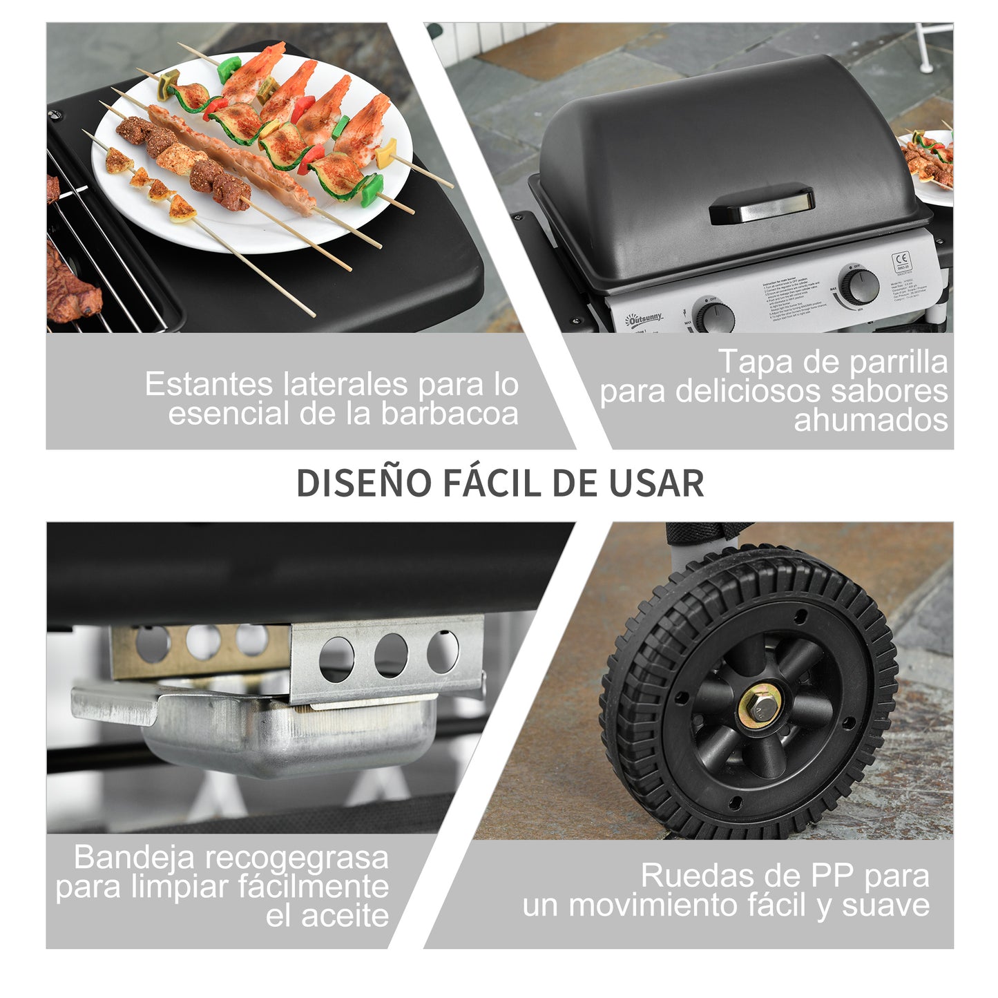 Outsunny Barbacoa De Gas Con 2 Quemadores 5,6 Kw 2 Ruedas 2 Mesas Negro_5