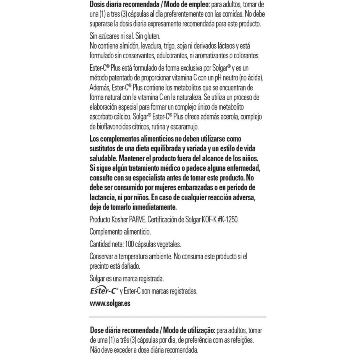 Ester C plus Vitamina C  de 500mg  Solgar 100 cápsulas vegetales