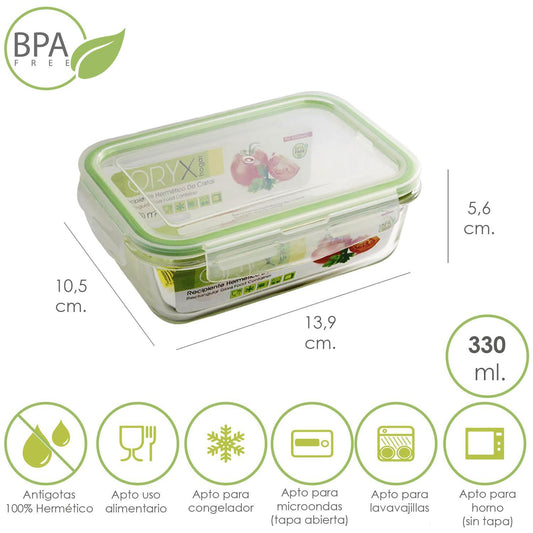 Recipiente Hermetico Cristal Rectangular  330 Ml. 13.9 X 10.5 X 5.6 (alt) Cm.