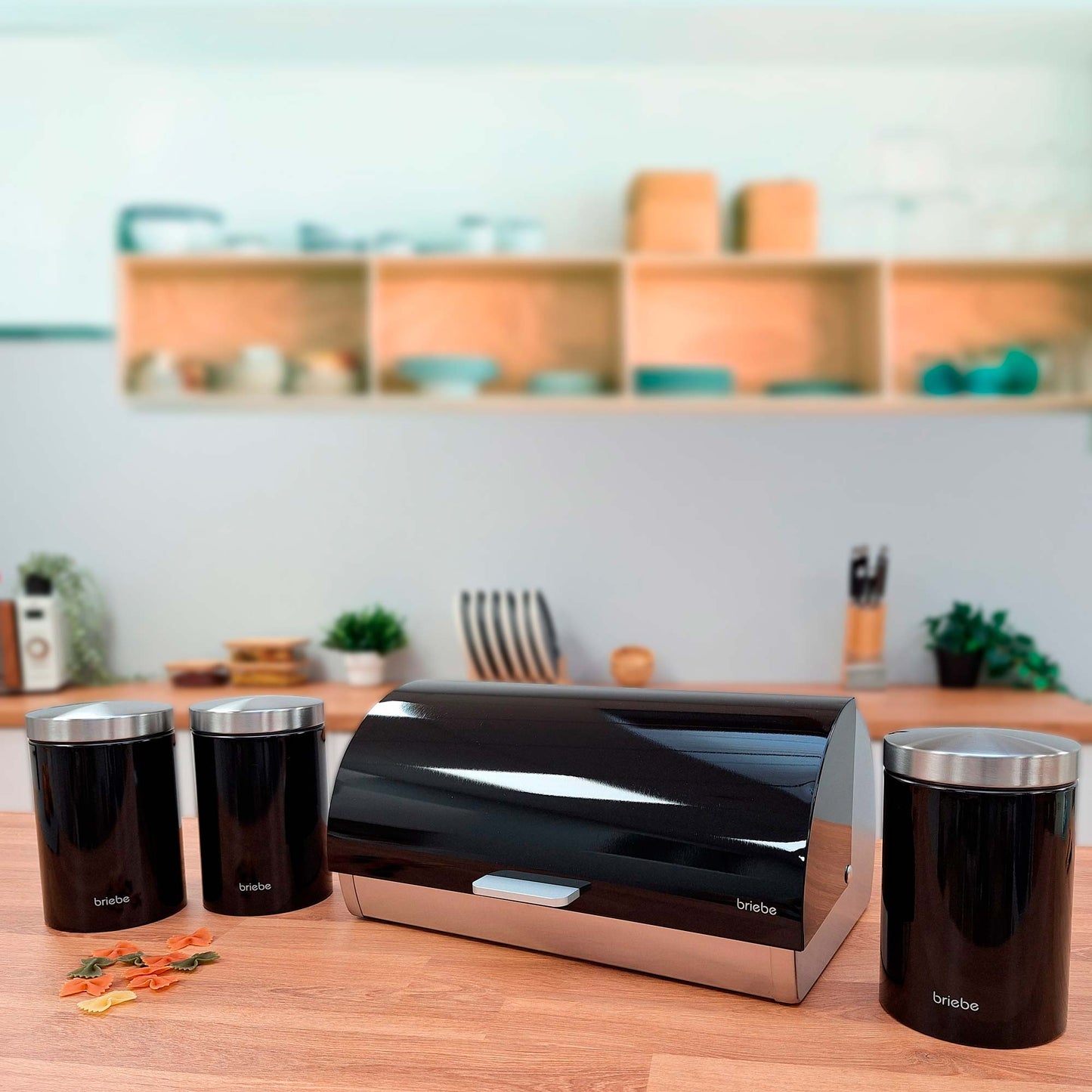 Panera De Mesa +juego 3 Botes Cocina Almacenaje Acero Inoxidable Contenedor De Pan Con Tapa, Briebe, Bb1161, Negro/inox