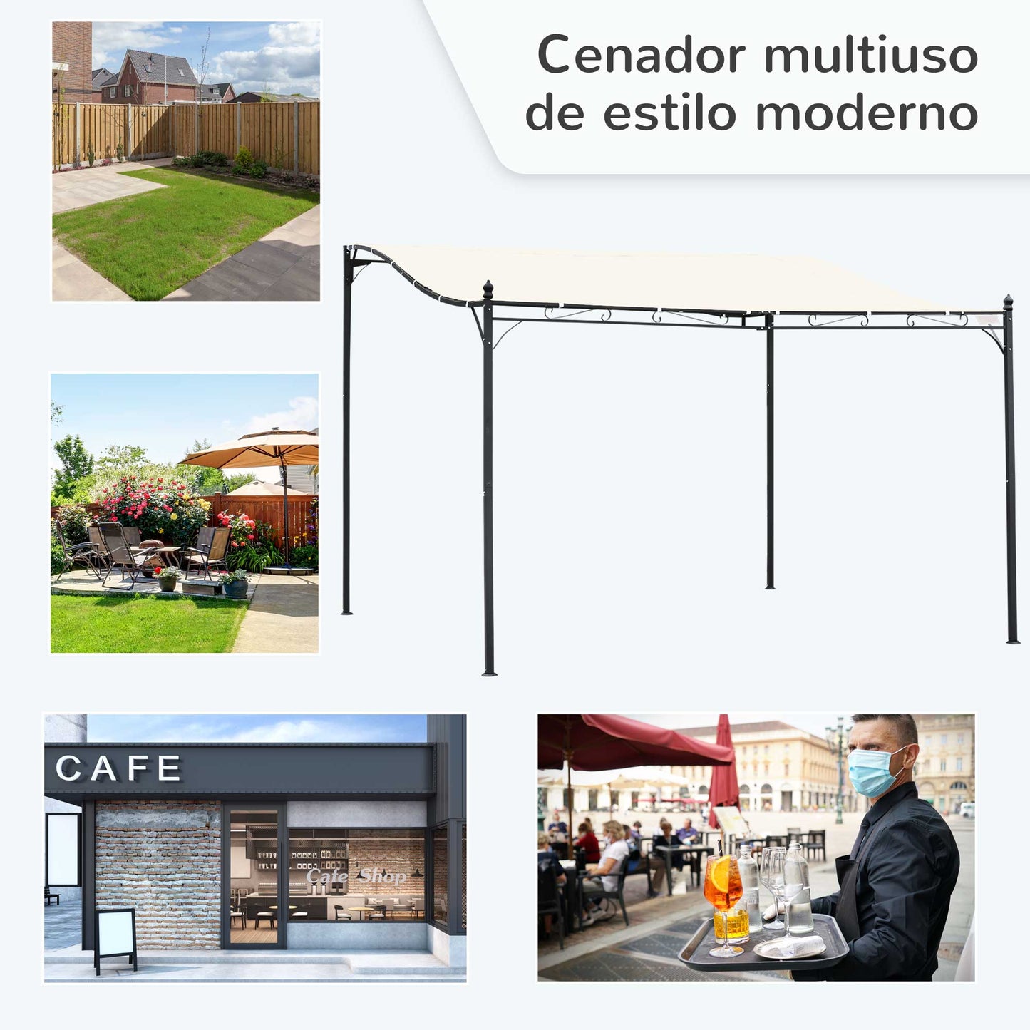 Outsunny Pérgola De Jardín 4x3 M Montado En Pared Con Toldo Y 16 Orificios Crema_5