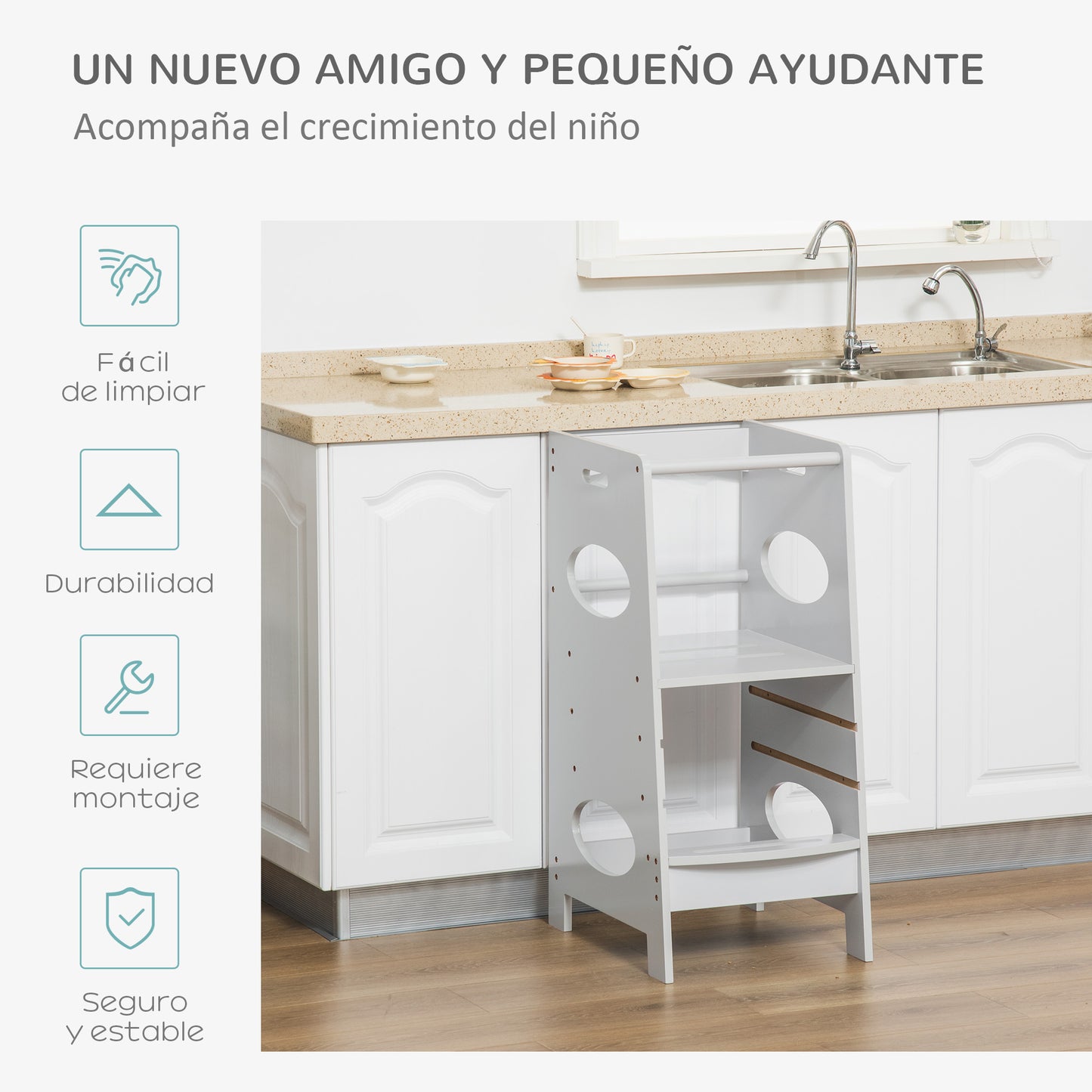 Homcom Torre De Aprendizaje De Madera Para Niños Con Altura Ajustable 40x50x90cm_5