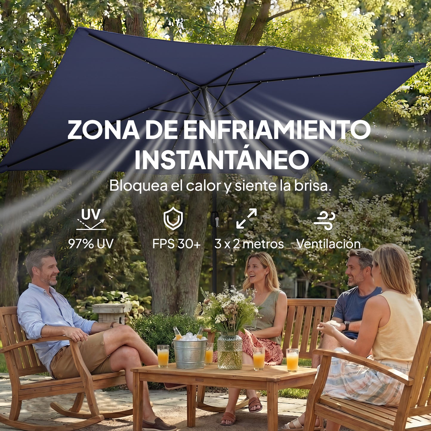 Outsunny Sombrilla Terraza Exterior Con 24 Luces Led Solares 2,9x2,5 M Azul_5