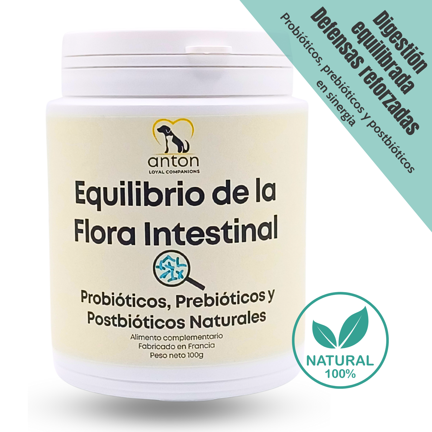 Suplemento natural para perros y gatos – Equilibrio Flora Intestinal Probióticos, Prebióticos y Postbióticos 100 g