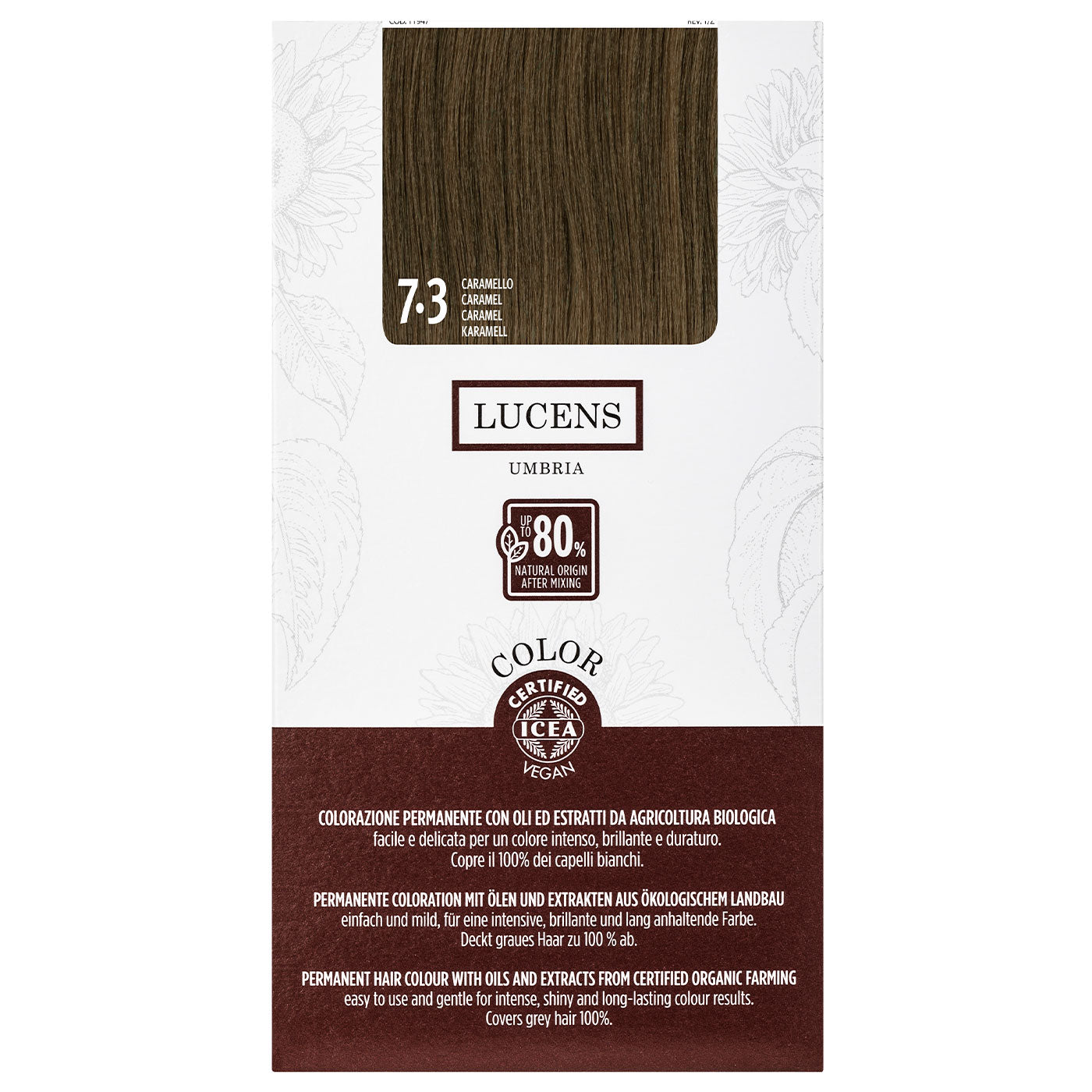 Lucens Umbria - Coloración permanente 7.3 caramelo, sin amoniaco, ingredientes naturales, 50 ml_0