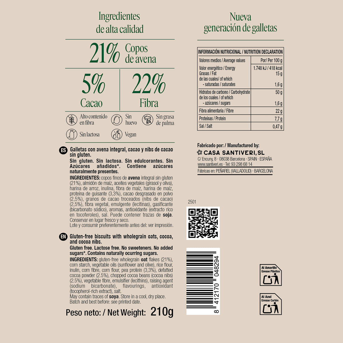 Galletas nibs cacao triple zero Santiveri