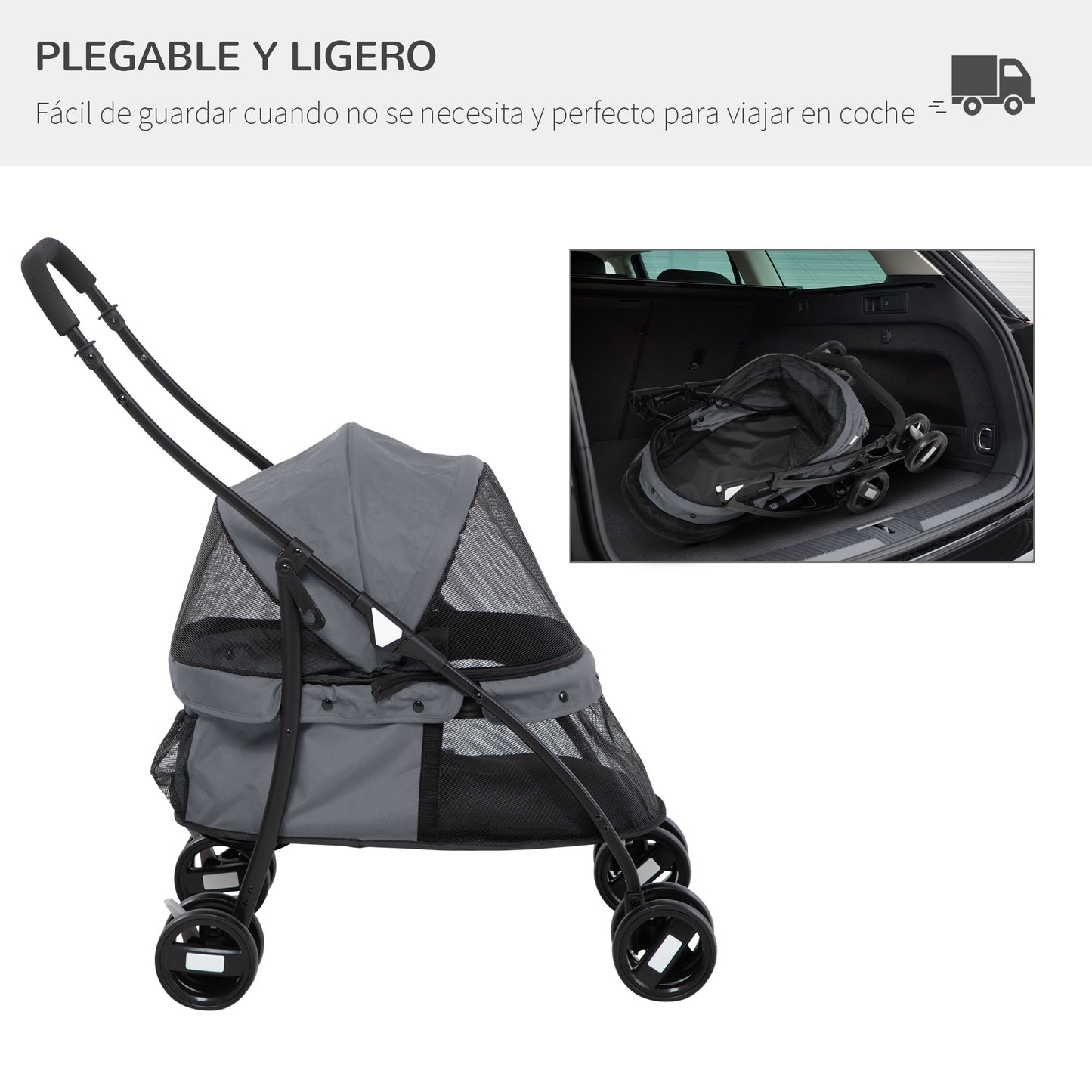 Pawhut Carrito Para Perros Plegable Con Ventanas De Malla Cojín Lavable Gris_5
