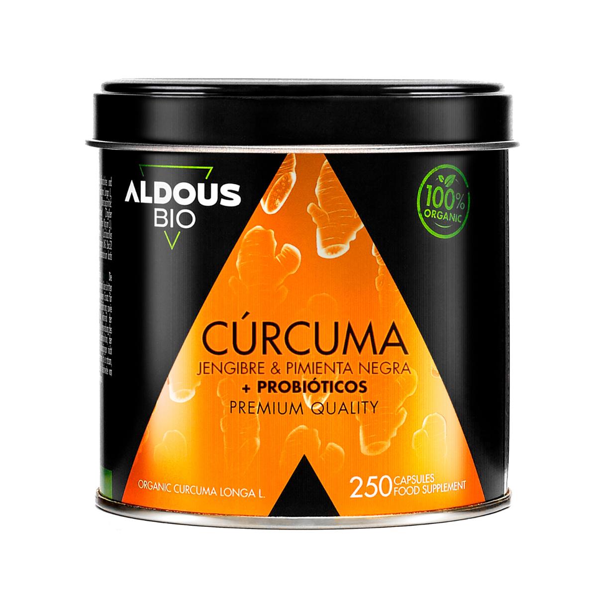 Cúrcuma Ecológica con Jengibre, Pimienta Negra y Probióticos, 250 cápsulas. Aldous Bio