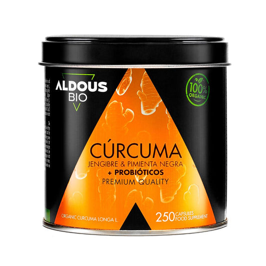 Cúrcuma Ecológica con Jengibre, Pimienta Negra y Probióticos, 250 cápsulas. Aldous Bio