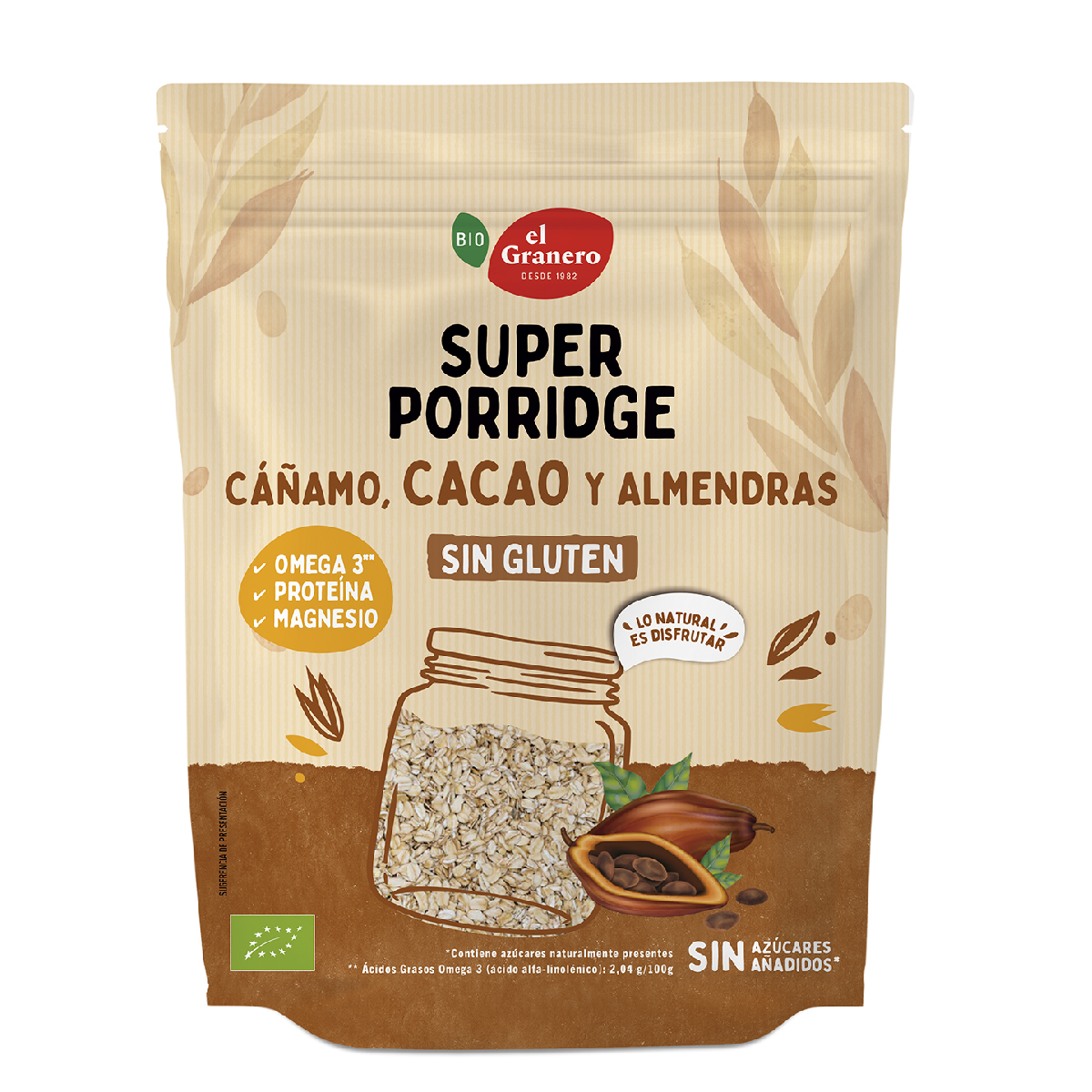Superporridge Copos de Avena Sin Gluten con Cacao, Almendras y Cáñamo BIO El Granero 350 g