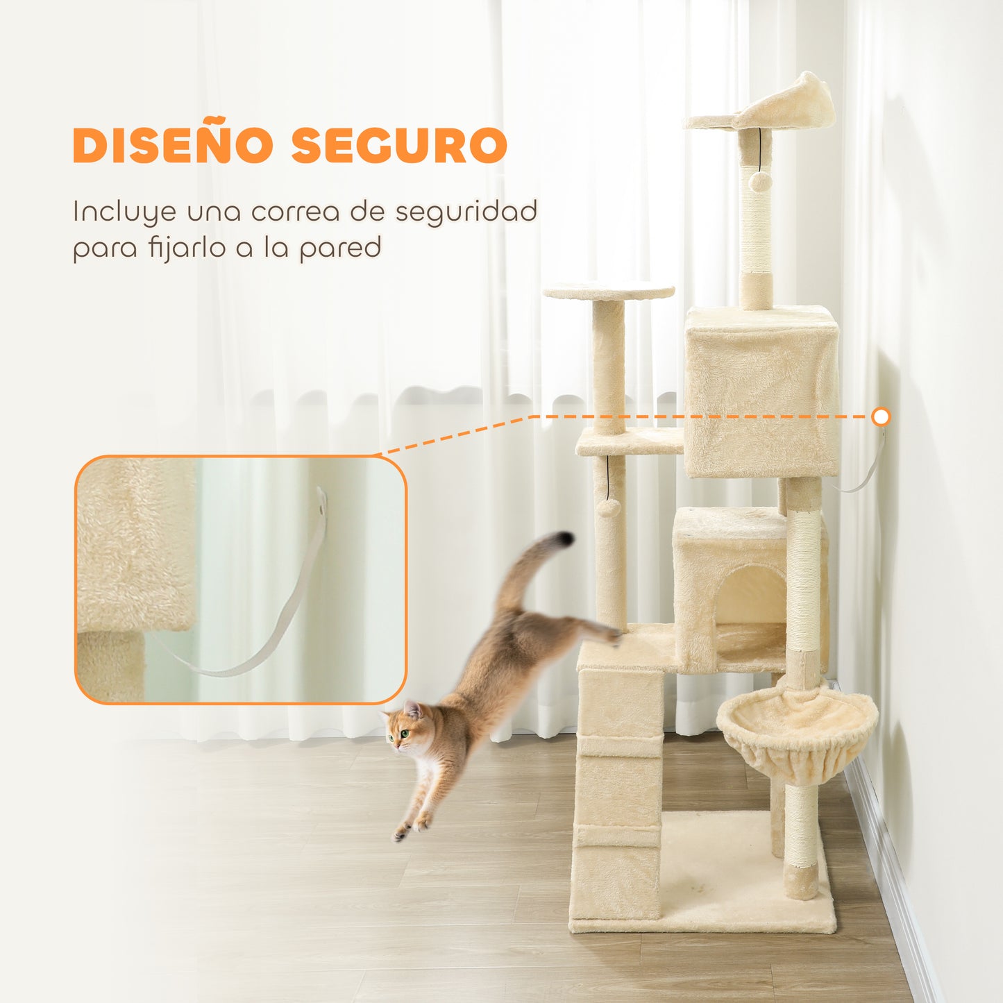 Pawhut Árbol Rascador Para Gatos 180 Cm Con Múltiples Plataformas Beige_5