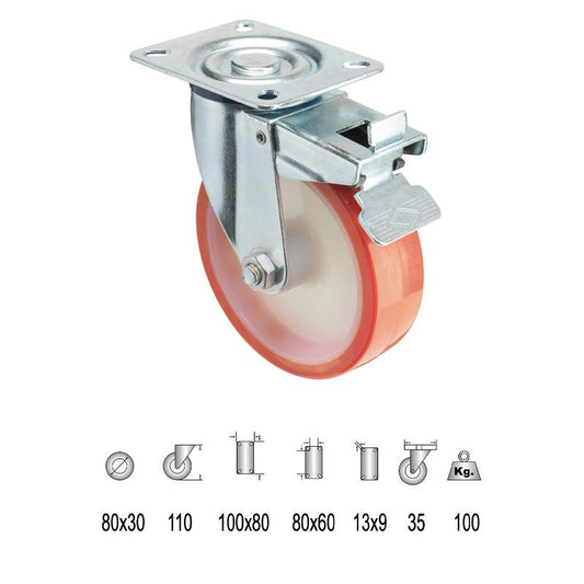 Rueda Industrial Poliuretano Placa Con Freno   80 Mm.