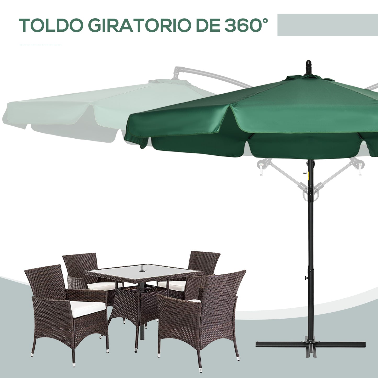 Outsunny Sombrilla De Jardín Ø293x240 Cm Con Rotación De 360° Manivela Verde_5