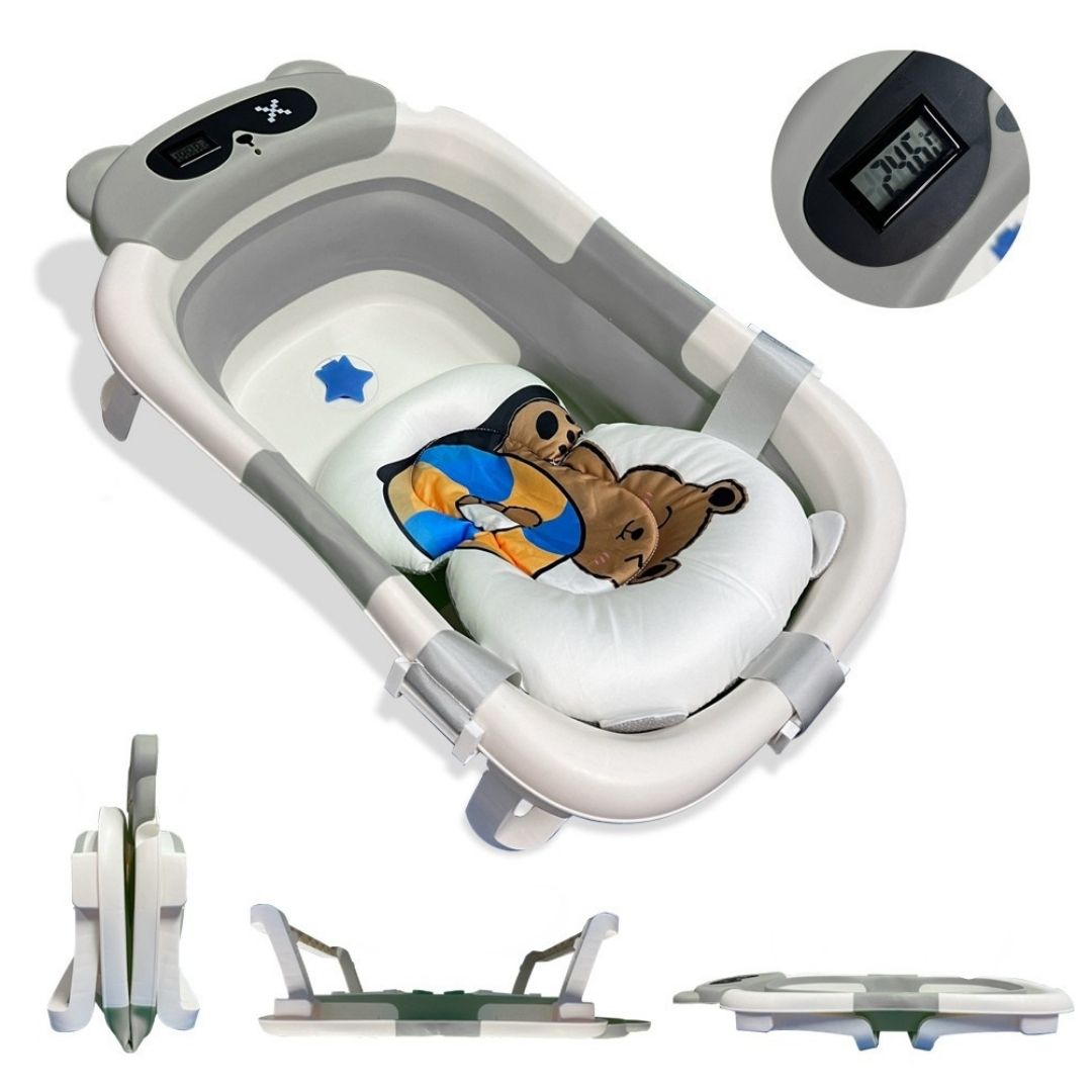Bathby Bañera Plegable Para Bebés Recién Nacidos, Cojín Oso, Termómetro, Patas Antideslizantes (gris Oso)