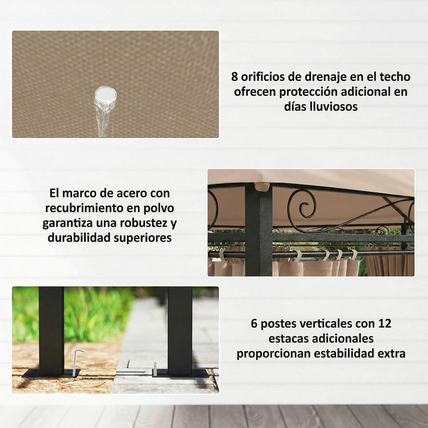 Outsunny Cenador Para Jardín 3x4 M Con Doble Techo Paredes Laterales Caqui_5