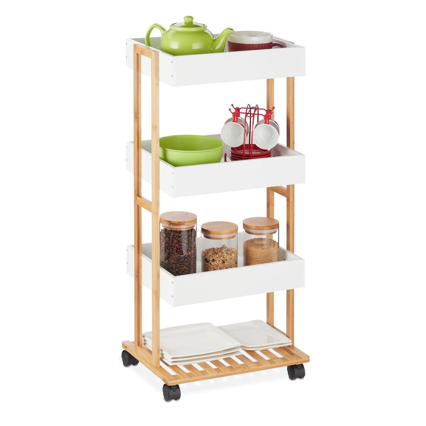 Carro De Almacenamiento En Bambú Con Estante Y 3 Bandejas Blancas 40x30x87,5cm - Well Home_4