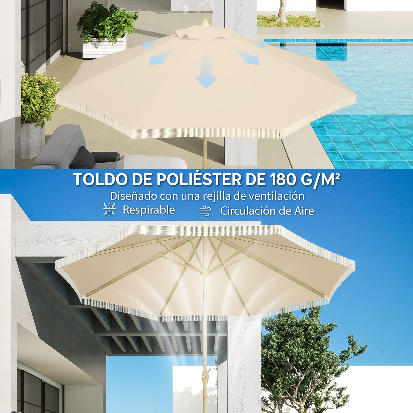 Outsunny Sombrilla Terraza Exterior Ø265x244 Cm Con Ángulo Ajustable Crema_5
