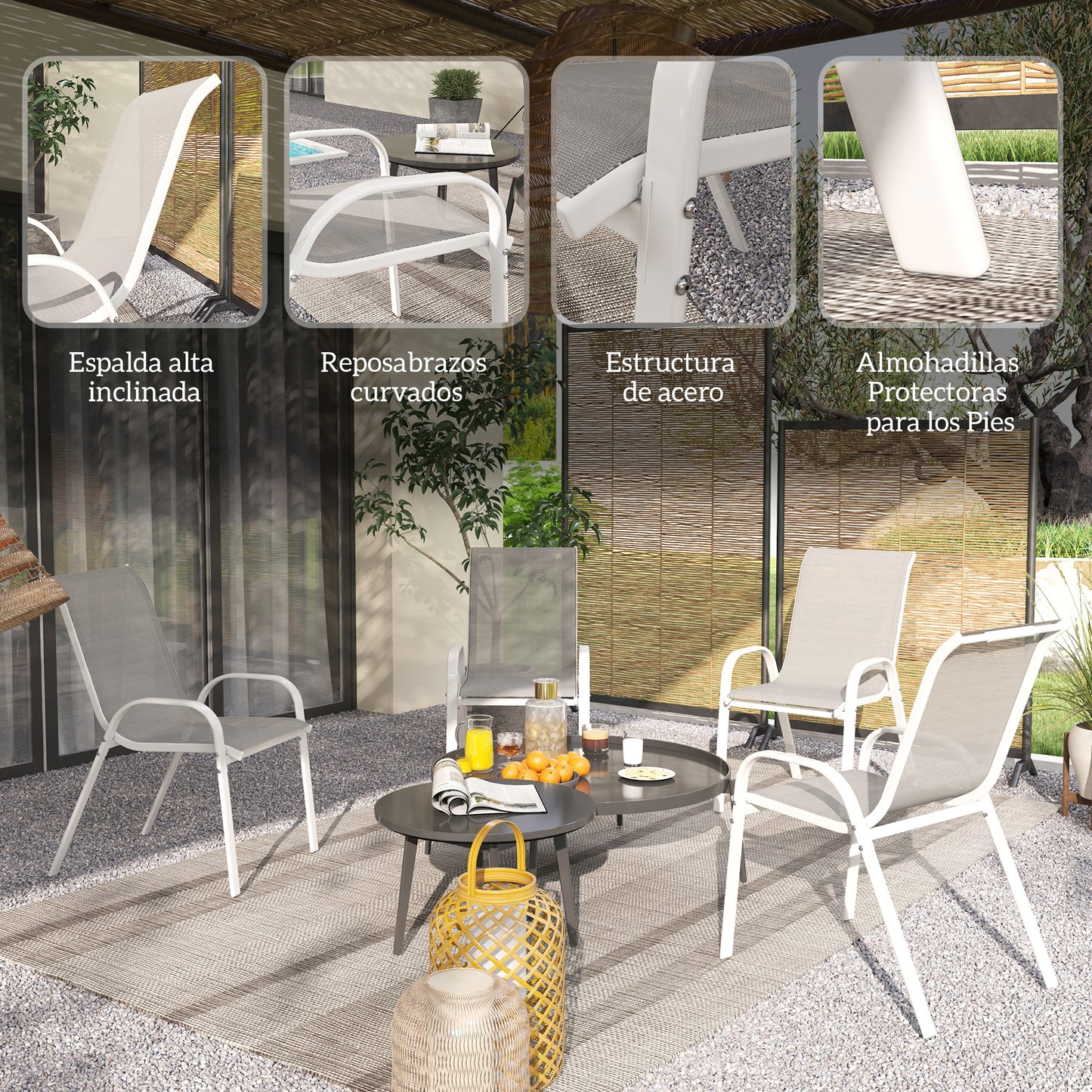 Outsunny Juego De 4 Sillas De Jardín Exterior Apilables 54x71x93 Cm Gris Blanco_5