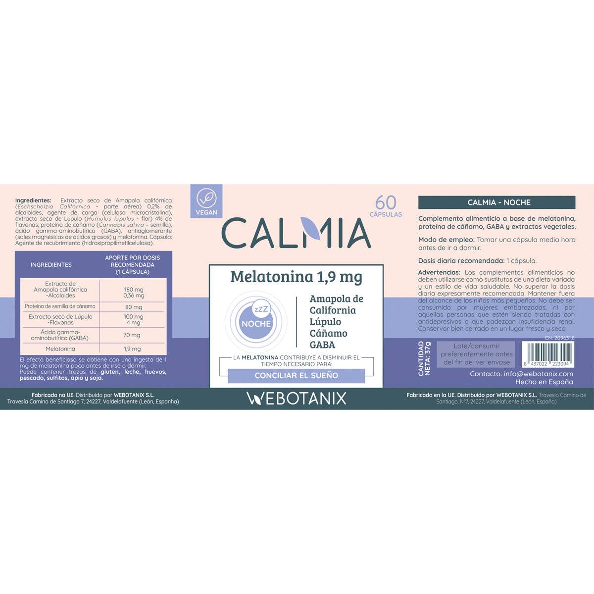 Calmia Noche Forte (5HTP+Melatonina+ Magnesio, L-Teanina, Valeriana) WEBOTANIX 60 cápsulas